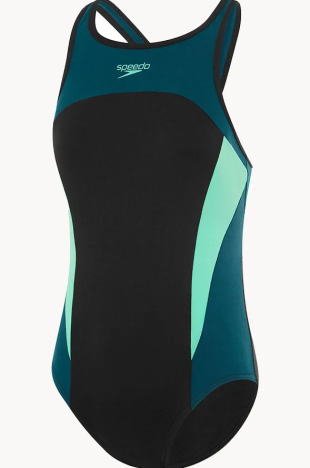 One Pieces|Speedo Splice Cross Back High Neck One Piece Black/teal