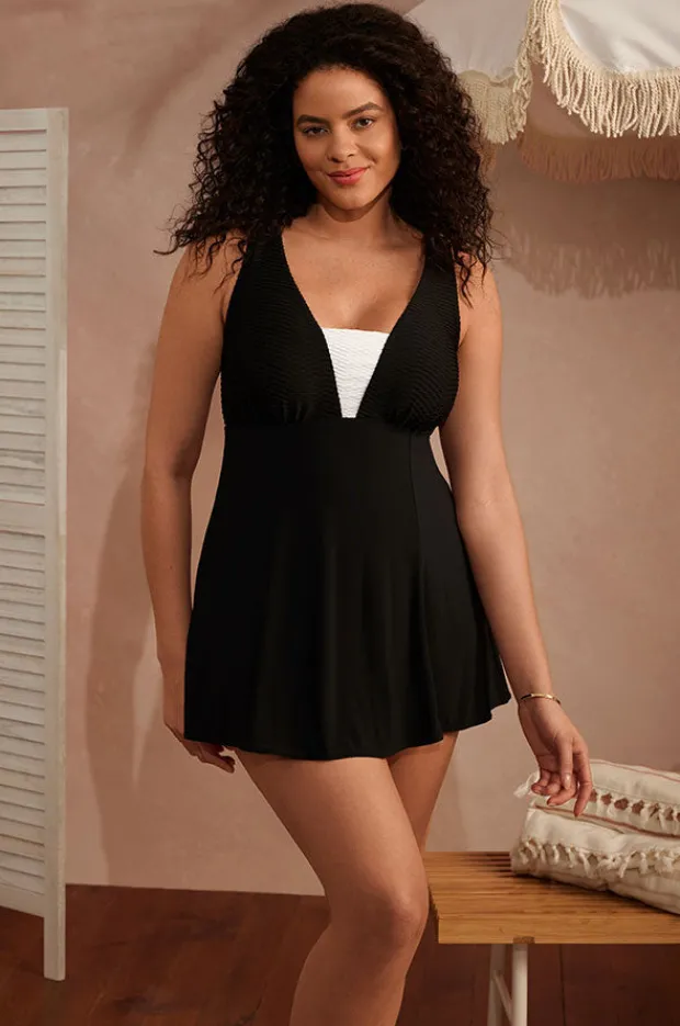 One Pieces|Longitude Texture Luxe Plunge Swim Dress Black/White