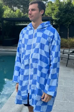 Towel Robes & Ponchos|Towel Robes & Ponchos|Back Beach Co Tidal Checker Hooded Towelling Robe M/L Blue