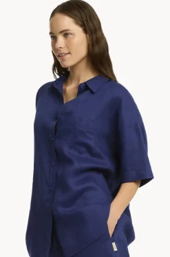 Tops|Sea Level Tidal Linen Aloha Shirt French navy