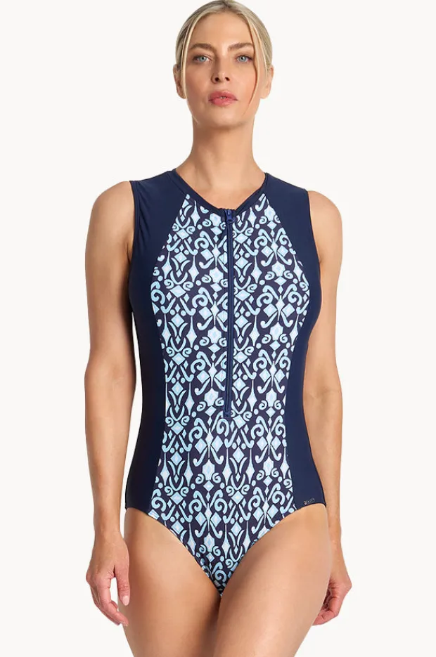 One Pieces|Jantzen Tile Active Zip One Piece Navy