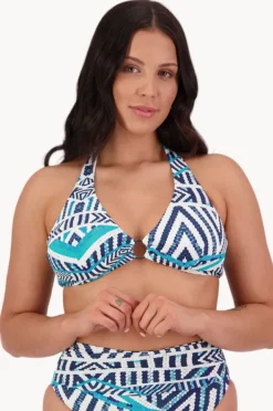 Bikini Tops|Moontide Tribal Geo DD/E Cup Ring Halter White/Blue