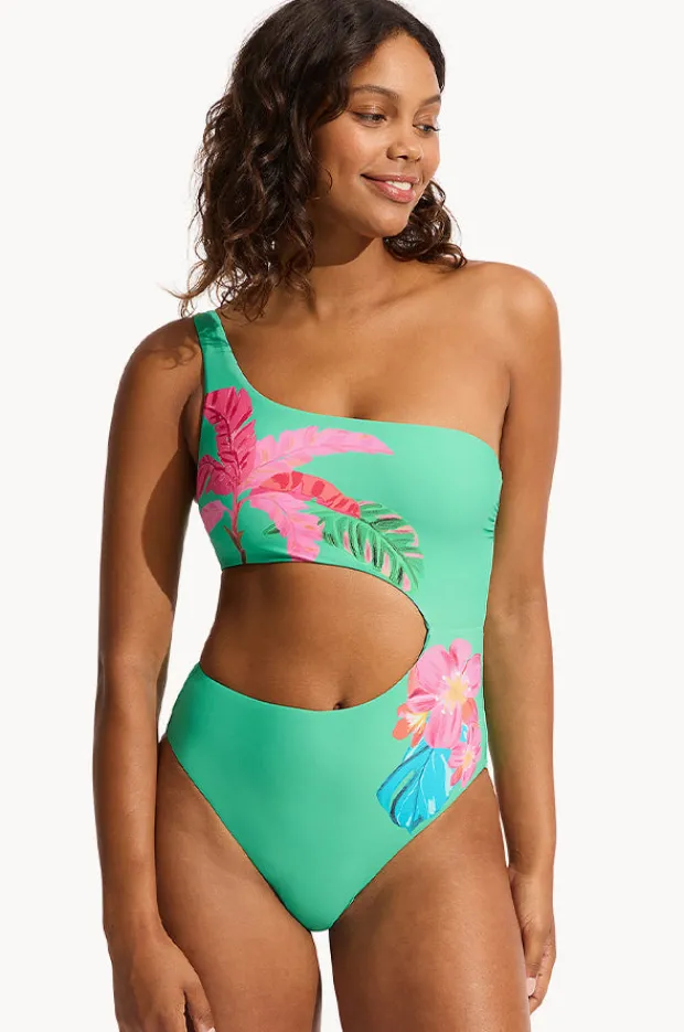 One Pieces|Seafolly Tropica One Shoulder Cut Out One Piece Tropica Jade