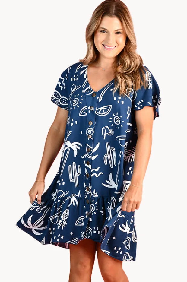 Dresses|Go Girl Tropical Fiesta Cap Sleeve Button Dress Navy