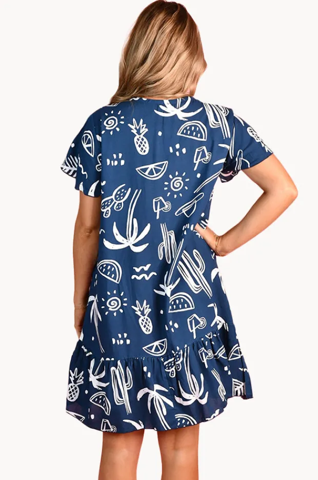 Dresses|Go Girl Tropical Fiesta Cap Sleeve Button Dress Navy