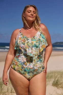 One Pieces|Capriosca Tropicana Frill V Neck One Piece Multi