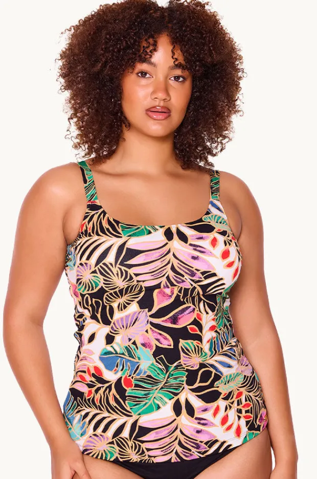 Tankini Tops|Genevieve Tropicana Scoop Neck Tankini Separate Black/Multi