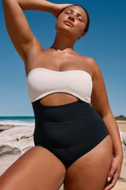 One Pieces|Jets Versa Rib Cut Out Bandeau One Piece Black/cream