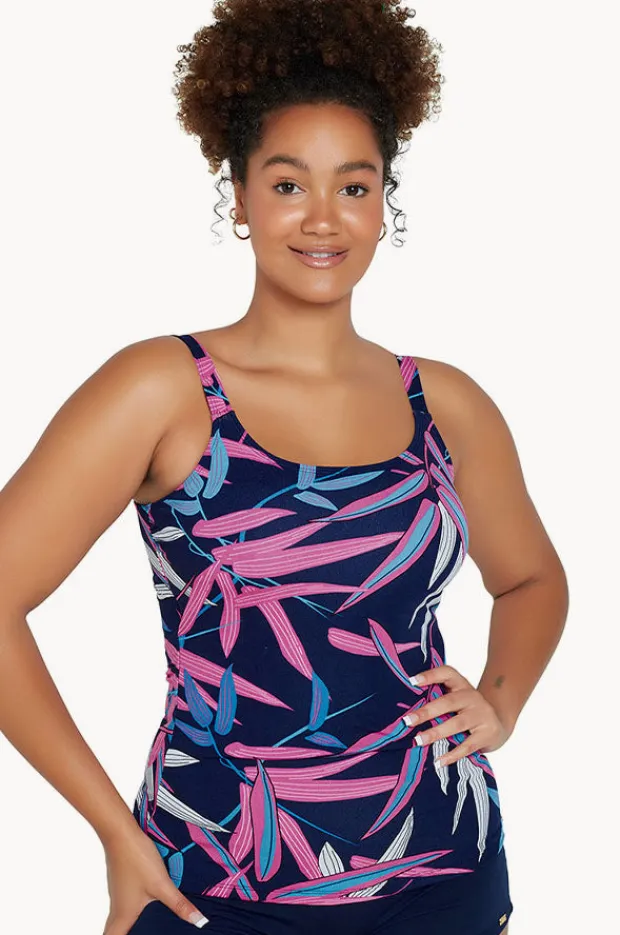 Tankini Tops|Genevieve Vintage Palms Scoop Neck Tankini Separate Navy/pink