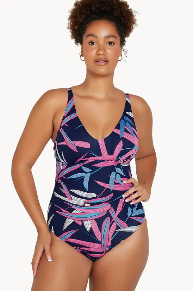 One Pieces|Genevieve Vintage Palms Sweetheart One Piece Navy/Pink