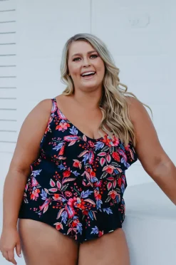 Tankini Tops|Capriosca Wild Berries Tiered Tankini Separate Black/red