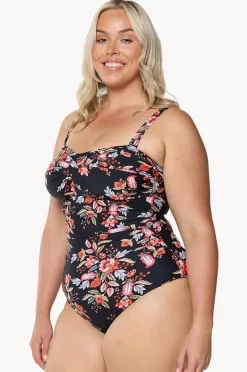One Pieces|Capriosca Wild Berries Twist Front Bandeau One Piece Black/red