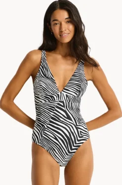 One Pieces|Sea Level Zebralis Scoop Back Panel Line One Piece Black